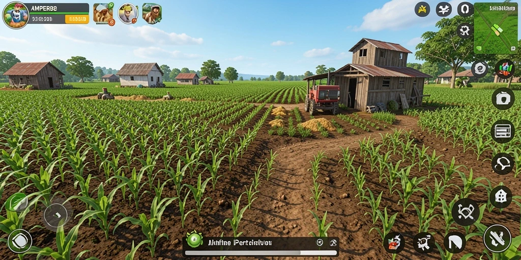 Tampilan gameplay AMPER88 yang menampilkan pertanian yang subur dan interaksi aktif.