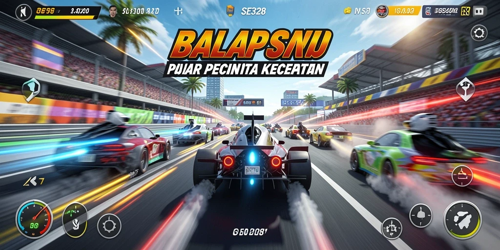 Tampilan gameplay SE328 dengan mobil balap yang melaju kencang di lintasan.