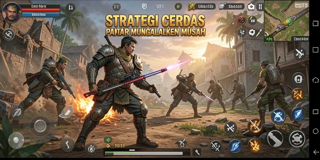 Tangkapan layar V21 menampilkan aksi pertempuran strategi yang menegangkan.